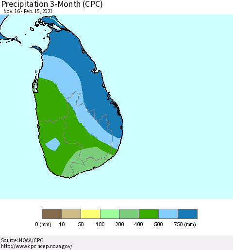 Sri Lanka Precipitation 3-Month (CPC) Thematic Map For 11/16/2020 - 2/15/2021