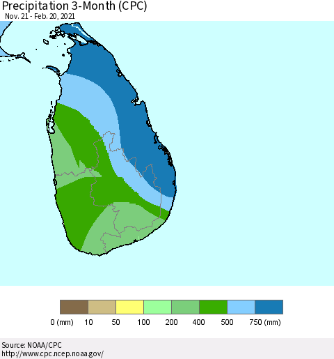 Sri Lanka Precipitation 3-Month (CPC) Thematic Map For 11/21/2020 - 2/20/2021