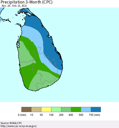 Sri Lanka Precipitation 3-Month (CPC) Thematic Map For 11/26/2020 - 2/25/2021
