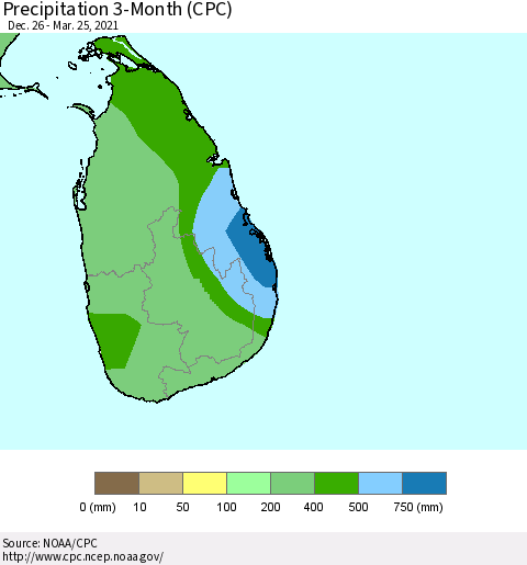 Sri Lanka Precipitation 3-Month (CPC) Thematic Map For 12/26/2020 - 3/25/2021