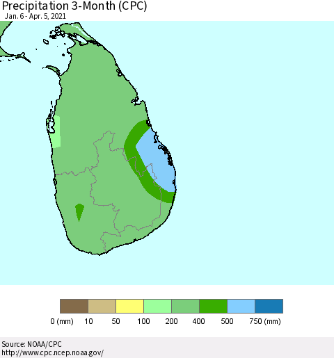 Sri Lanka Precipitation 3-Month (CPC) Thematic Map For 1/6/2021 - 4/5/2021