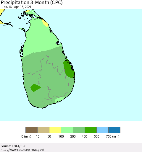 Sri Lanka Precipitation 3-Month (CPC) Thematic Map For 1/16/2021 - 4/15/2021