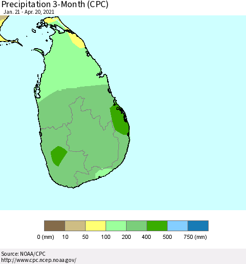 Sri Lanka Precipitation 3-Month (CPC) Thematic Map For 1/21/2021 - 4/20/2021