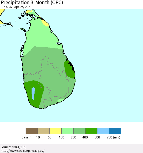 Sri Lanka Precipitation 3-Month (CPC) Thematic Map For 1/26/2021 - 4/25/2021