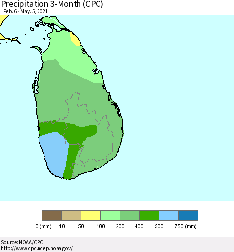 Sri Lanka Precipitation 3-Month (CPC) Thematic Map For 2/6/2021 - 5/5/2021
