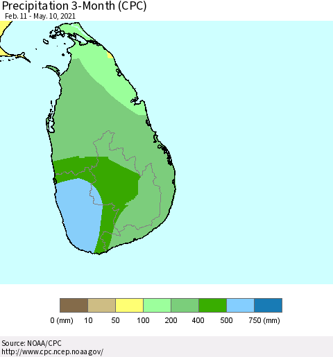 Sri Lanka Precipitation 3-Month (CPC) Thematic Map For 2/11/2021 - 5/10/2021