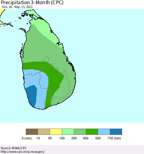 Sri Lanka Precipitation 3-Month (CPC) Thematic Map For 2/16/2021 - 5/15/2021