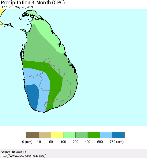 Sri Lanka Precipitation 3-Month (CPC) Thematic Map For 2/21/2021 - 5/20/2021