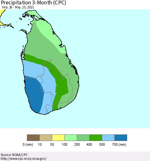 Sri Lanka Precipitation 3-Month (CPC) Thematic Map For 2/26/2021 - 5/25/2021