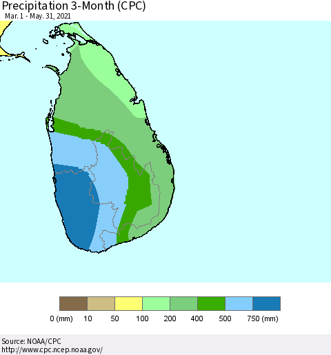 Sri Lanka Precipitation 3-Month (CPC) Thematic Map For 3/1/2021 - 5/31/2021