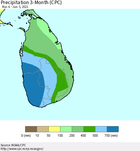 Sri Lanka Precipitation 3-Month (CPC) Thematic Map For 3/6/2021 - 6/5/2021