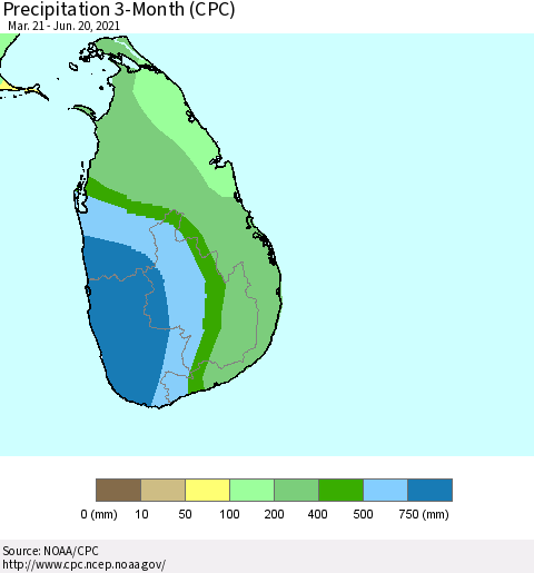 Sri Lanka Precipitation 3-Month (CPC) Thematic Map For 3/21/2021 - 6/20/2021