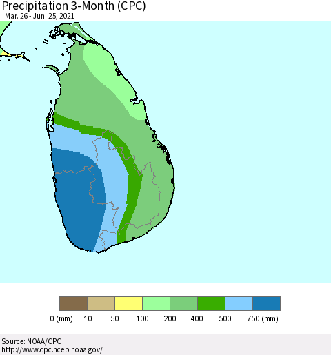 Sri Lanka Precipitation 3-Month (CPC) Thematic Map For 3/26/2021 - 6/25/2021