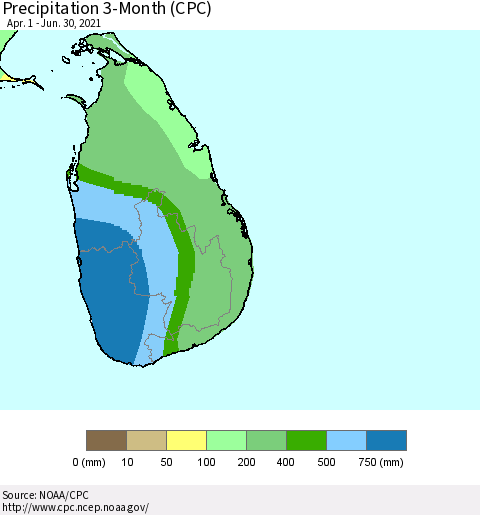 Sri Lanka Precipitation 3-Month (CPC) Thematic Map For 4/1/2021 - 6/30/2021