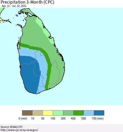 Sri Lanka Precipitation 3-Month (CPC) Thematic Map For 4/11/2021 - 7/10/2021