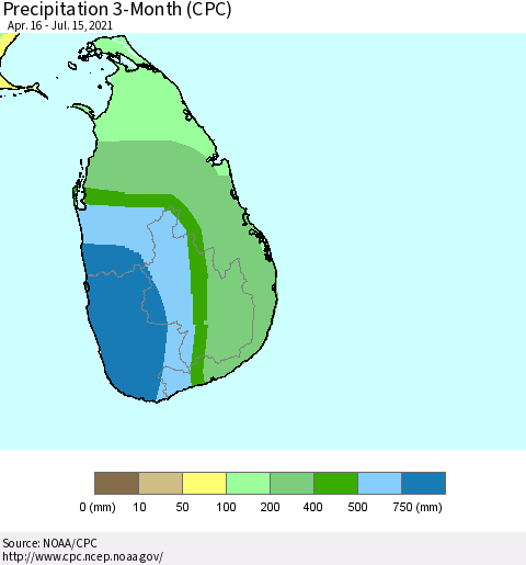 Sri Lanka Precipitation 3-Month (CPC) Thematic Map For 4/16/2021 - 7/15/2021