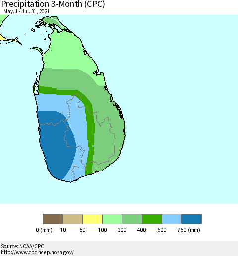 Sri Lanka Precipitation 3-Month (CPC) Thematic Map For 5/1/2021 - 7/31/2021