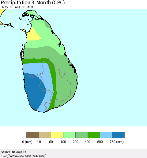 Sri Lanka Precipitation 3-Month (CPC) Thematic Map For 5/11/2021 - 8/10/2021