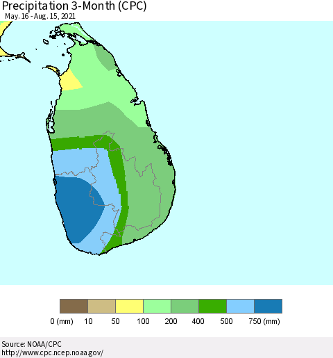 Sri Lanka Precipitation 3-Month (CPC) Thematic Map For 5/16/2021 - 8/15/2021