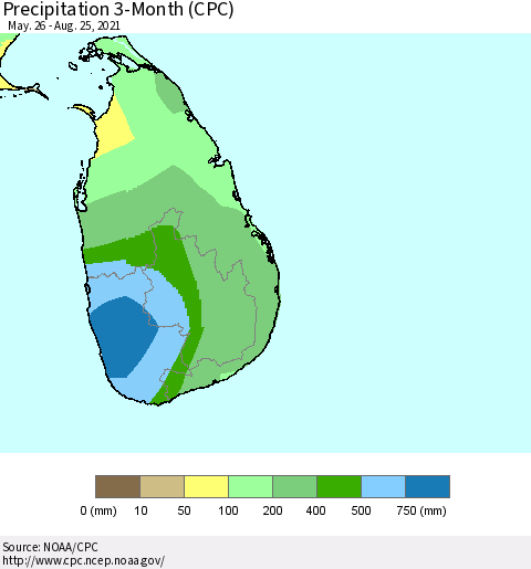 Sri Lanka Precipitation 3-Month (CPC) Thematic Map For 5/26/2021 - 8/25/2021