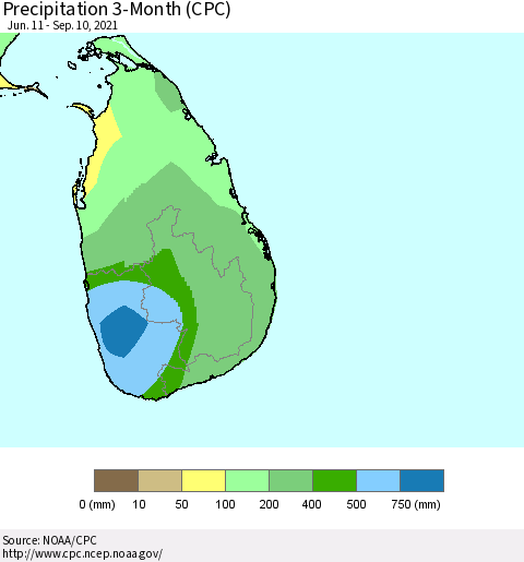 Sri Lanka Precipitation 3-Month (CPC) Thematic Map For 6/11/2021 - 9/10/2021