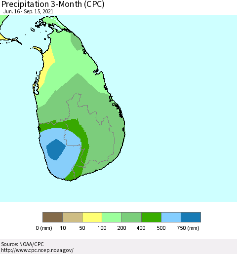 Sri Lanka Precipitation 3-Month (CPC) Thematic Map For 6/16/2021 - 9/15/2021