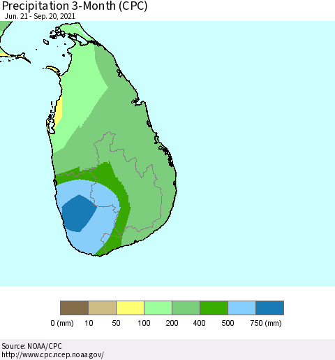 Sri Lanka Precipitation 3-Month (CPC) Thematic Map For 6/21/2021 - 9/20/2021