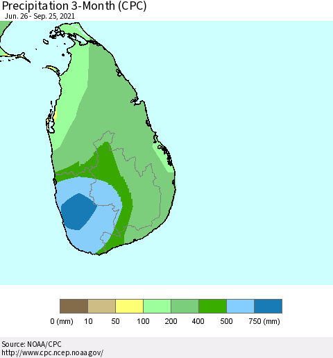 Sri Lanka Precipitation 3-Month (CPC) Thematic Map For 6/26/2021 - 9/25/2021