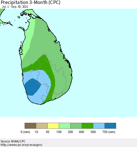 Sri Lanka Precipitation 3-Month (CPC) Thematic Map For 7/1/2021 - 9/30/2021