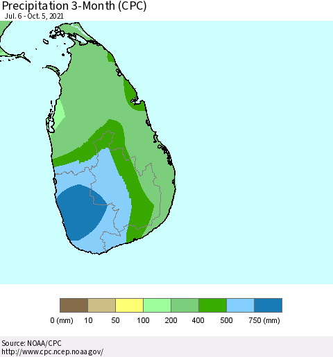 Sri Lanka Precipitation 3-Month (CPC) Thematic Map For 7/6/2021 - 10/5/2021