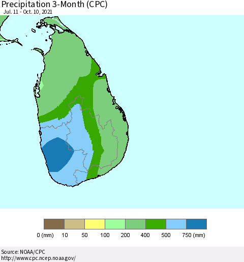 Sri Lanka Precipitation 3-Month (CPC) Thematic Map For 7/11/2021 - 10/10/2021