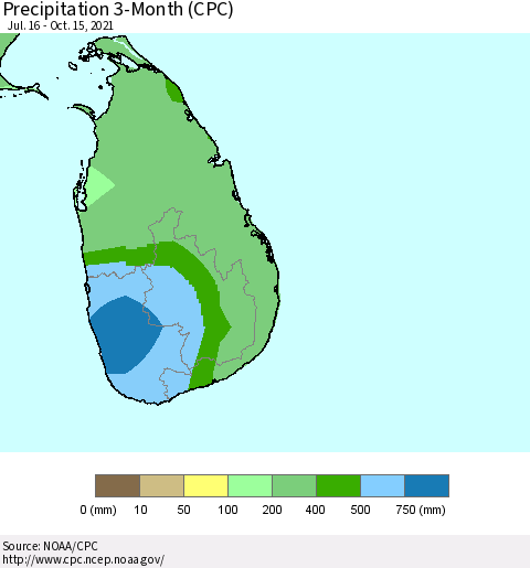 Sri Lanka Precipitation 3-Month (CPC) Thematic Map For 7/16/2021 - 10/15/2021