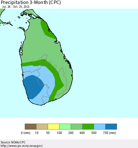 Sri Lanka Precipitation 3-Month (CPC) Thematic Map For 7/26/2021 - 10/25/2021