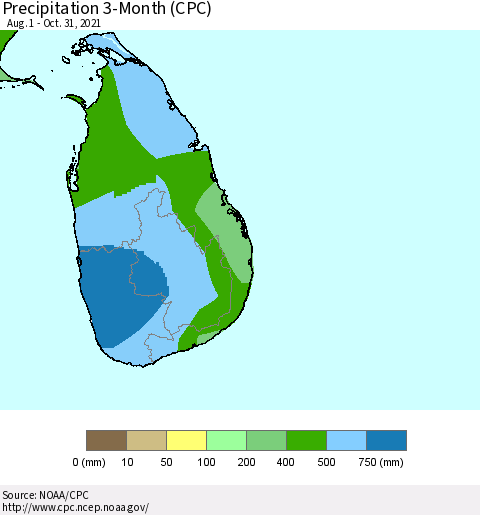 Sri Lanka Precipitation 3-Month (CPC) Thematic Map For 8/1/2021 - 10/31/2021