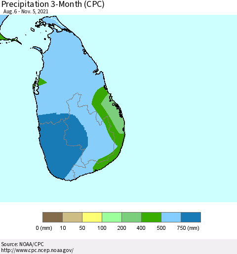 Sri Lanka Precipitation 3-Month (CPC) Thematic Map For 8/6/2021 - 11/5/2021