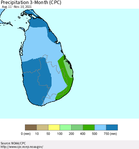 Sri Lanka Precipitation 3-Month (CPC) Thematic Map For 8/11/2021 - 11/10/2021