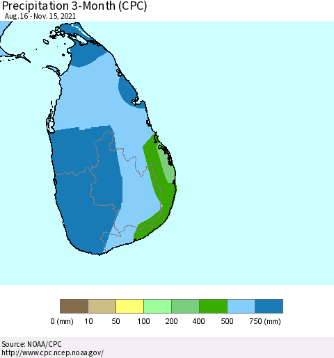 Sri Lanka Precipitation 3-Month (CPC) Thematic Map For 8/16/2021 - 11/15/2021