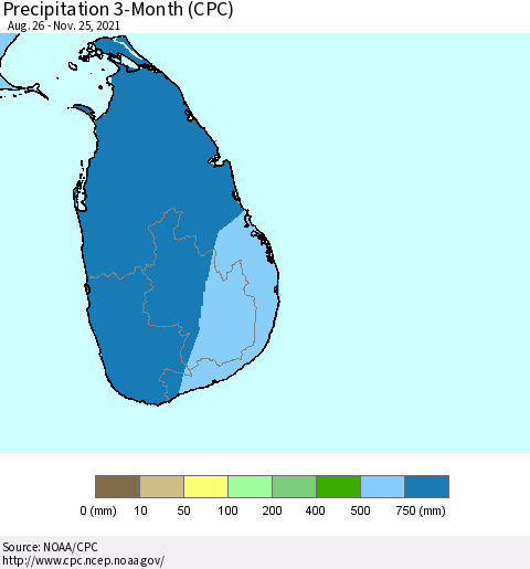 Sri Lanka Precipitation 3-Month (CPC) Thematic Map For 8/26/2021 - 11/25/2021