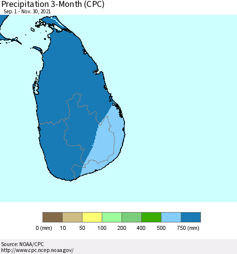 Sri Lanka Precipitation 3-Month (CPC) Thematic Map For 9/1/2021 - 11/30/2021