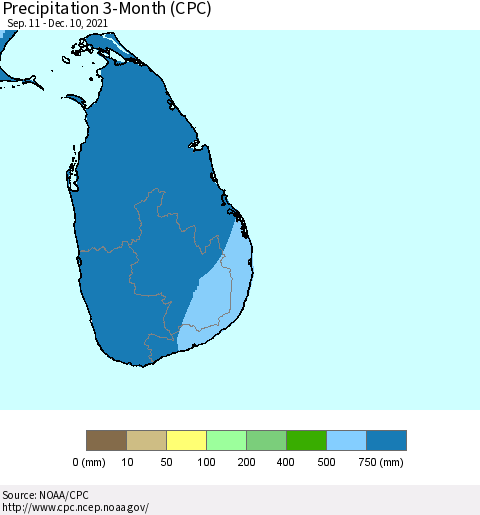 Sri Lanka Precipitation 3-Month (CPC) Thematic Map For 9/11/2021 - 12/10/2021