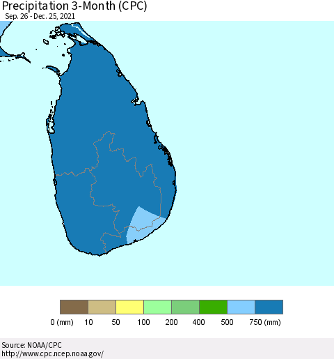Sri Lanka Precipitation 3-Month (CPC) Thematic Map For 9/26/2021 - 12/25/2021