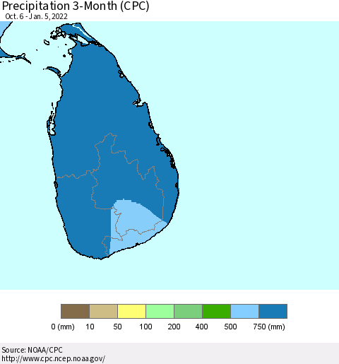 Sri Lanka Precipitation 3-Month (CPC) Thematic Map For 10/6/2021 - 1/5/2022
