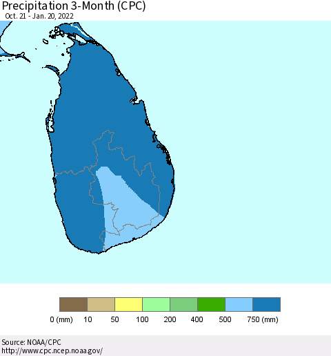 Sri Lanka Precipitation 3-Month (CPC) Thematic Map For 10/21/2021 - 1/20/2022
