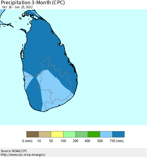 Sri Lanka Precipitation 3-Month (CPC) Thematic Map For 10/26/2021 - 1/25/2022