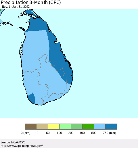 Sri Lanka Precipitation 3-Month (CPC) Thematic Map For 11/1/2021 - 1/31/2022