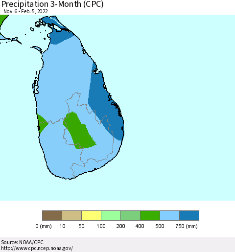 Sri Lanka Precipitation 3-Month (CPC) Thematic Map For 11/6/2021 - 2/5/2022