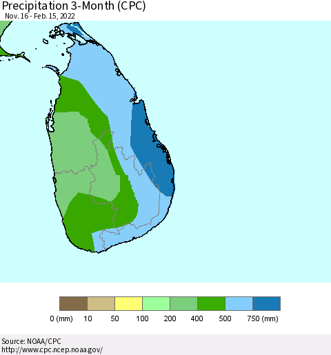 Sri Lanka Precipitation 3-Month (CPC) Thematic Map For 11/16/2021 - 2/15/2022