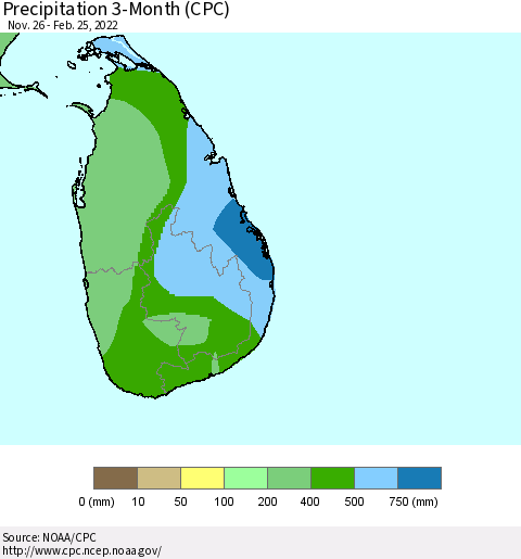 Sri Lanka Precipitation 3-Month (CPC) Thematic Map For 11/26/2021 - 2/25/2022