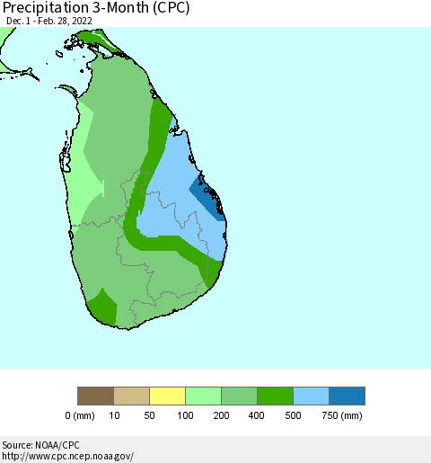 Sri Lanka Precipitation 3-Month (CPC) Thematic Map For 12/1/2021 - 2/28/2022