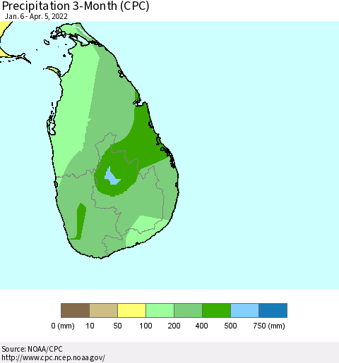 Sri Lanka Precipitation 3-Month (CPC) Thematic Map For 1/6/2022 - 4/5/2022